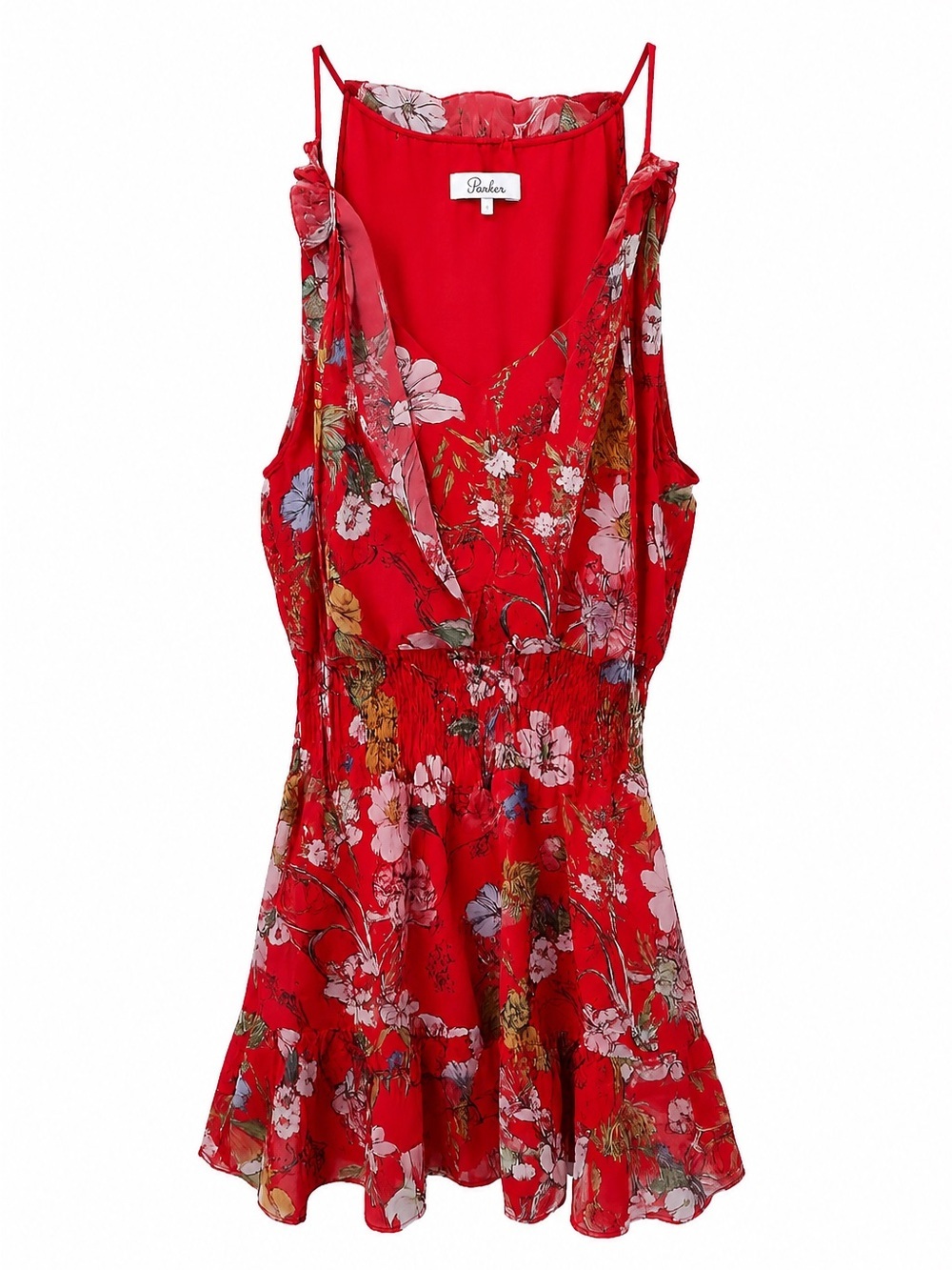 Parker red floral smocked waist mini dress, XS